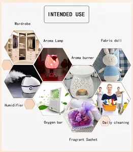 Essential oil usage scenarios including humidifier, aroma lamp, and daily cleaning