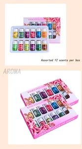 Detailed view of 12 assorted 3ml water-soluble essential oil scents in rose box