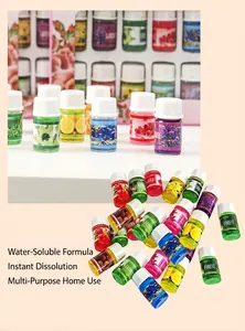 Detailed view of multiple 3ml water-soluble essential oil bottles with floral labels