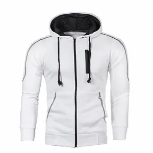 Modern slim fit men's white zip-up hoodie featuring contrast stitching and pockets