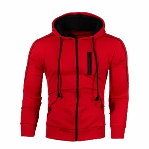 Casual men's red hooded zip-up sweatshirt jacket with chest zipper detail for autumn