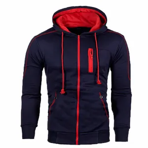 Men's navy blue casual zip-up hoodie with red contrast stitching and lining details