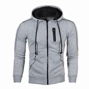 Men's casual grey hooded zip-up sweatshirt with black decorative stitching details