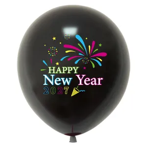 2027 Happy New Year black latex balloon with colorful fireworks for party decor