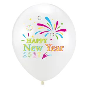 White latex party balloon featuring a colorful Happy New Year 2027 print with stars