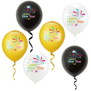 Detailed view of black, gold and white 2027 Happy New Year balloons with firework prints
