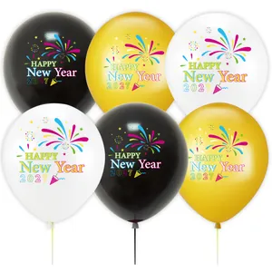 Happy New Year 2027 Party Balloons Latex Fireworks Print Round Balloons Black Gold White New Year Eve Party Decorations