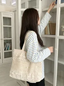 Crochet Lace Tote Bag Women Large Capacity Hollow Out Floral Knitting Shoulder Handbag French Retro Beach Vacation