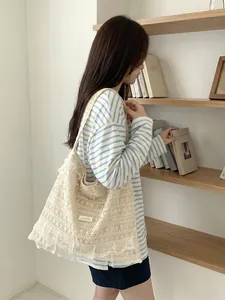 Elegant summer hollow lace canvas tote bag with large capacity for beach vacations