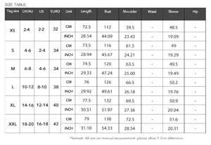 Detailed size chart for women's casual striped long-sleeved vest shirt
