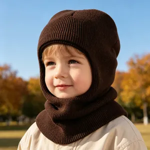 Warm brown child's knitted balaclava hood hat for stylish winter outdoor protection.