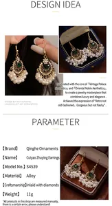 Detailed view of ethnic style pearl tassel earrings with green crystal flower design