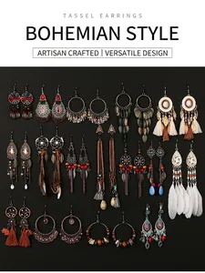 Macro view of multiple Bohemian tribal long tassel earrings in various vintage styles