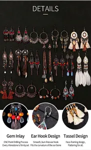 Macro detail showing inlay craftsmanship, ear hook design and tassels of Bohemian earrings