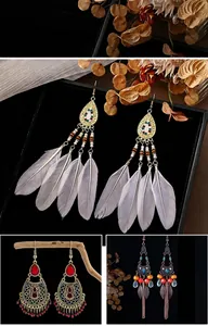 Close-up detail of bohemian tribal style long tassel and feather earrings in 3 designs.
