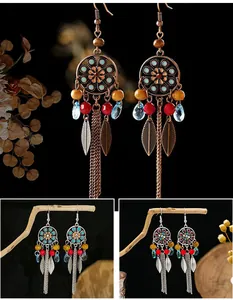 Detail of Bohemian tribal tassel earrings with dreamcatcher design and colorful beads