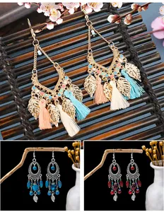 Bohemian ethnic style long tassel and beaded leaf earrings for holiday travel outfits