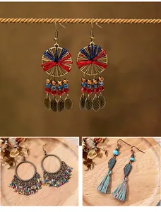 Detailed view of bohemian ethnic style long tassel and beaded earrings for women