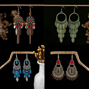 Bohemian ethnic style long tassel earrings set in various vintage designs for women