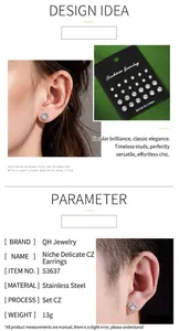 Detailed view of 12 pairs of stainless steel stud earrings with cubic zirconia.