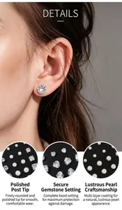 Detailed view of polished posts and shimmering zircon pearl stud earring set
