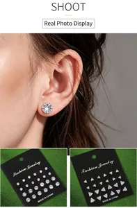 Close-up of a 12-pair set of sparkling zircon stud earrings in diverse geometric shapes