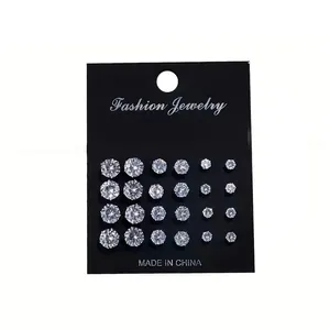 12-pair set of sparkling clear cubic zirconia stud earrings in varying sizes