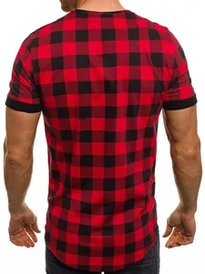 Men's red and black buffalo plaid short sleeve t-shirt shown from the back view