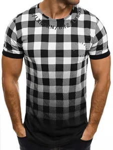 Close-up detail of men's checkered T-shirt with black and white gradient and neck lettering