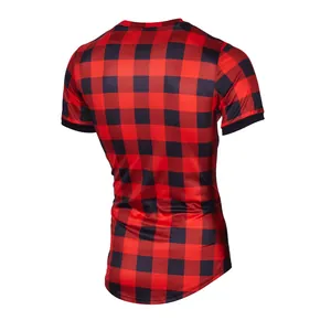 Back view of men's red and black buffalo plaid short sleeve t-shirt with curved hem