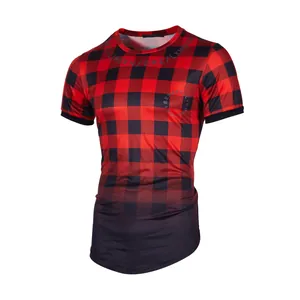Detail view of red and black checkered t-shirt featuring a stylish gradient finish