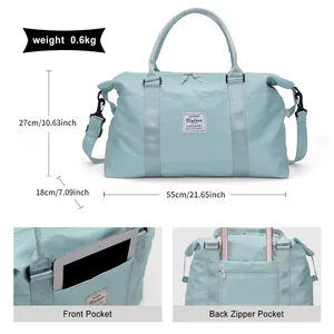 Sac de voyage bleu clair grande capacité avec dimensions et poches fonctionnelles