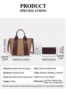 Große gewebte Handtasche Set mit Maßen und detaillierter Spezifikationstabelle