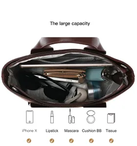 Großräumige braune Damenhandtasche Innenansicht mit Stauraum für Handy und Kosmetika