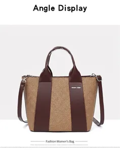 Modische Handtasche mit Webstruktur, großer Kapazität und braunen Ledergriffen