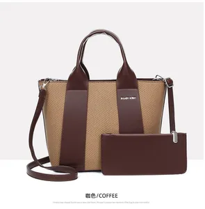 Kaffeebraunes zweiteiliges Damen-Handtaschen-Set mit Webstruktur und Kunstleder-Akzenten