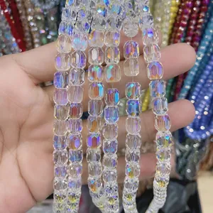 Close-up of 8x9mm iridescent cylindrical faceted glass crystal beads for DIY jewelry making