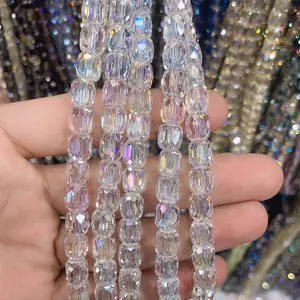 Close-up of faceted 8*9mm cylinder iridescent crystal beads for elegant DIY jewelry