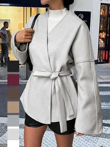 Veste Manteau Femme Élégant Manches Longues Avec Ceinture Col V Ample Couleur Unie Outwear Polyester