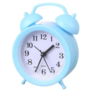 Creative light blue silent twin bell alarm clock with minimalist white dial for students
