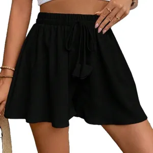 Gonna pantalone estiva da donna nera a tinta unita con elastico in vita e coulisse