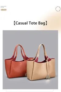 Vue détaillée de deux sacs cabas en cuir grainé de grande capacité en marron et beige
