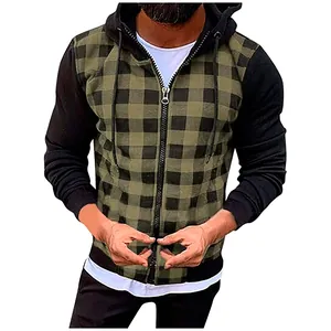 Sweat à capuche zippé à carreaux verts pour homme avec manches noires