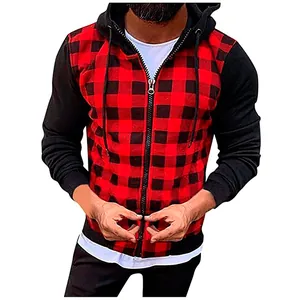 Sweat à capuche décontracté pour hommes à carreaux rouges et noirs avec zip