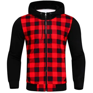 Vue détaillée du sweat à capuche zippé à carreaux rouges et noirs pour hommes chic.