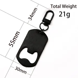 Black metal bottle opener keychain with detailed dimension marks and 21g total weight