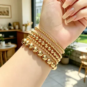 18K Gold Plated Copper Bead Elastic Bracelets High Polished Ball Layered Stackable Jewelry For Women Minimalist Fashion