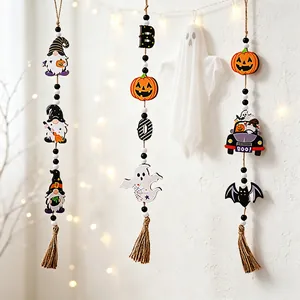 Halloween Wood Beaded Hanging Ornament Pumpkin Gnome Ghost Bat Wood Bead Garland Tassel Rustic Party Decor