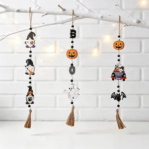 Set of 3 Halloween wooden beaded hanging ornaments featuring festive gnomes and ghosts