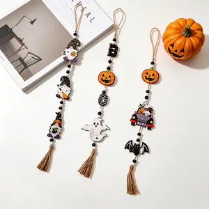Halloween wooden bead garland with gnome pumpkin bat pendants for home party decor